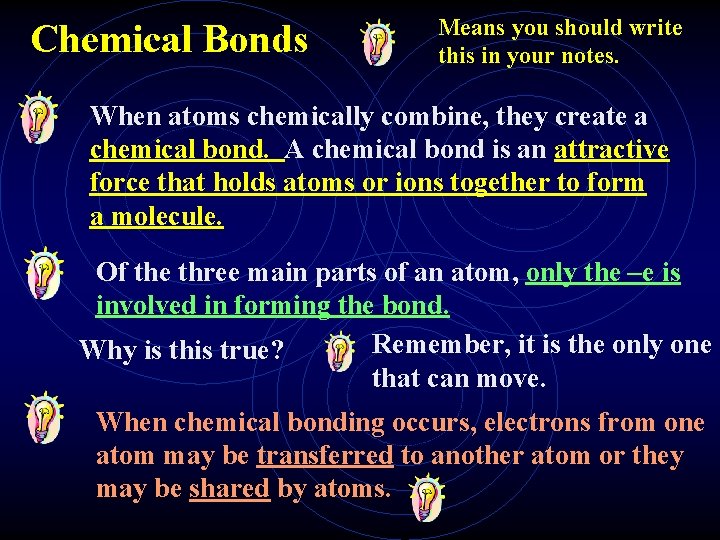 Chemical Bonds Means you should write this in your notes. When atoms chemically combine,