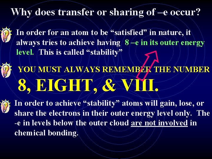 Why does transfer or sharing of –e occur? In order for an atom to