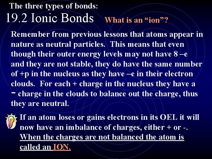 The three types of bonds: 19. 2 Ionic Bonds What is an “ion”? Remember The three types of bonds: 19. 2 Ionic Bonds What is an “ion”? Remember
