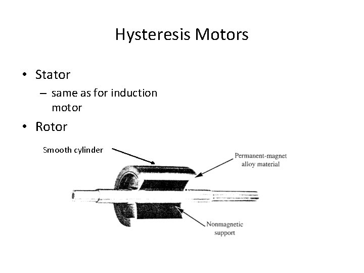 Hysteresis Motors • Stator – same as for induction motor • Rotor Smooth cylinder