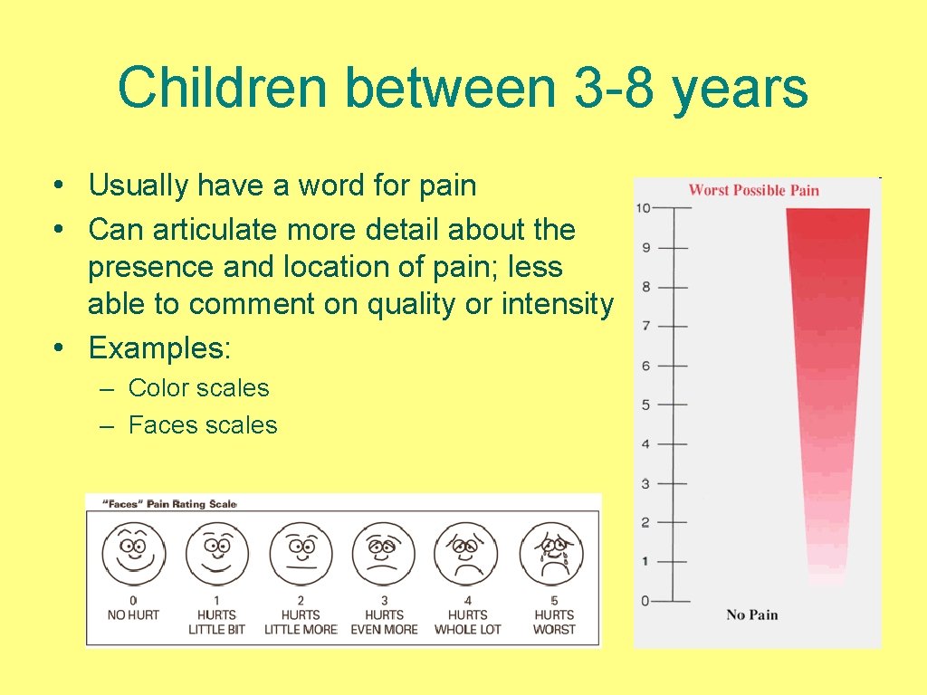 Children between 3 -8 years • Usually have a word for pain • Can