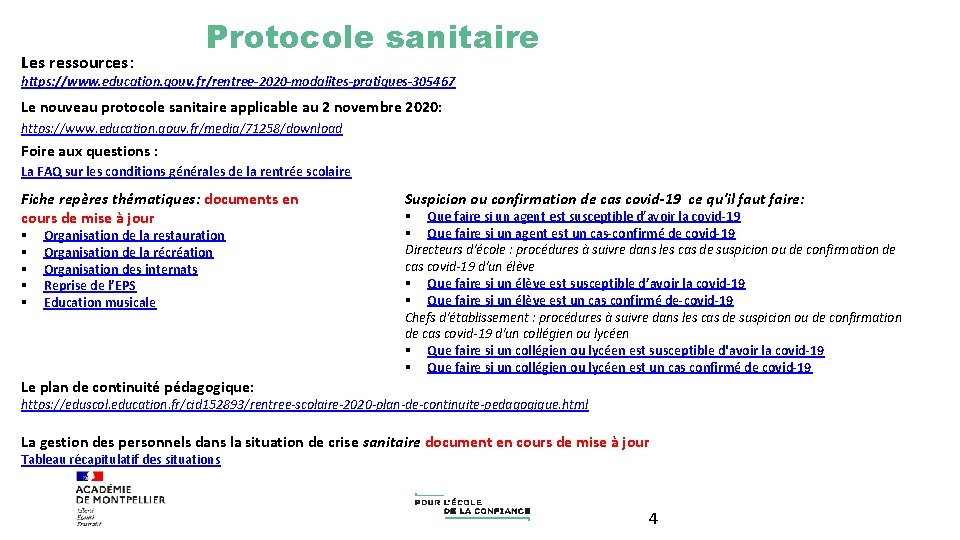 Les ressources: Protocole sanitaire https: //www. education. gouv. fr/rentree-2020 -modalites-pratiques-305467 Le nouveau protocole sanitaire