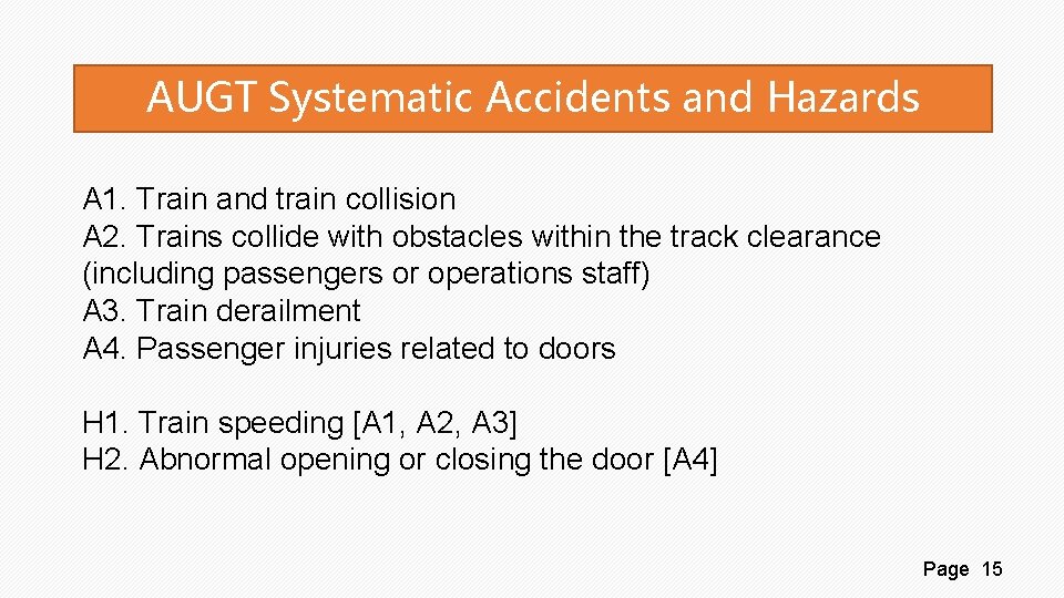 AUGT Systematic Accidents and Hazards A 1. Train and train collision A 2. Trains