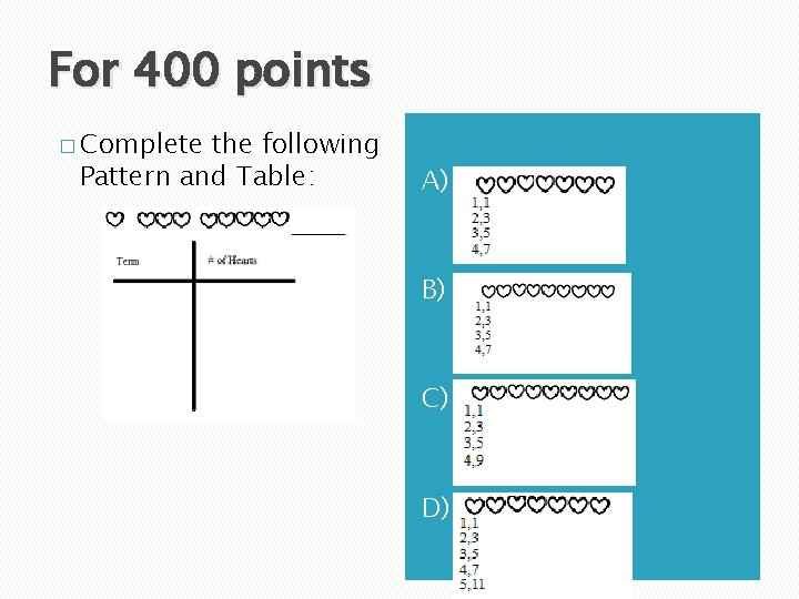 For 400 points � Complete the following Pattern and Table: A) B) C) D)