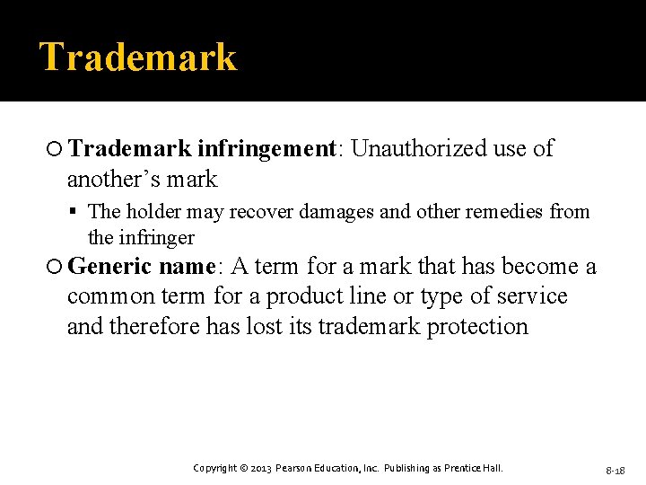 Trademark infringement: Unauthorized use of another’s mark The holder may recover damages and other