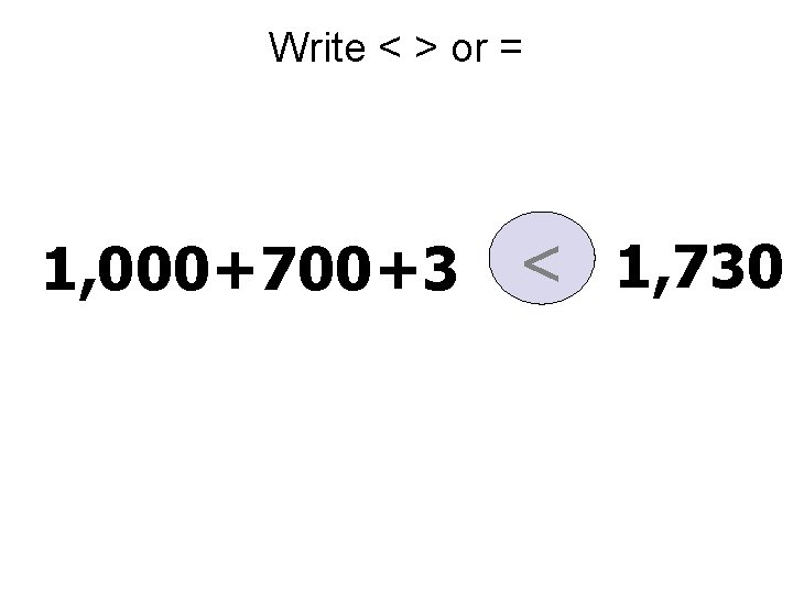 Write < > or = 1, 000+700+3 < 1, 730 