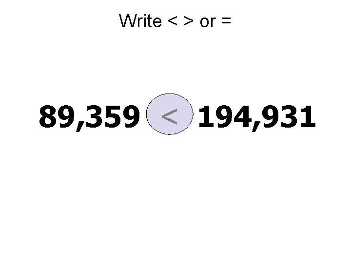 Write < > or = 89, 359 < 194, 931 