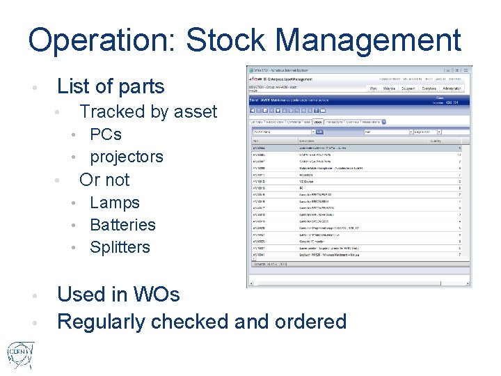 Operation: Stock Management • List of parts • Tracked by asset • PCs •