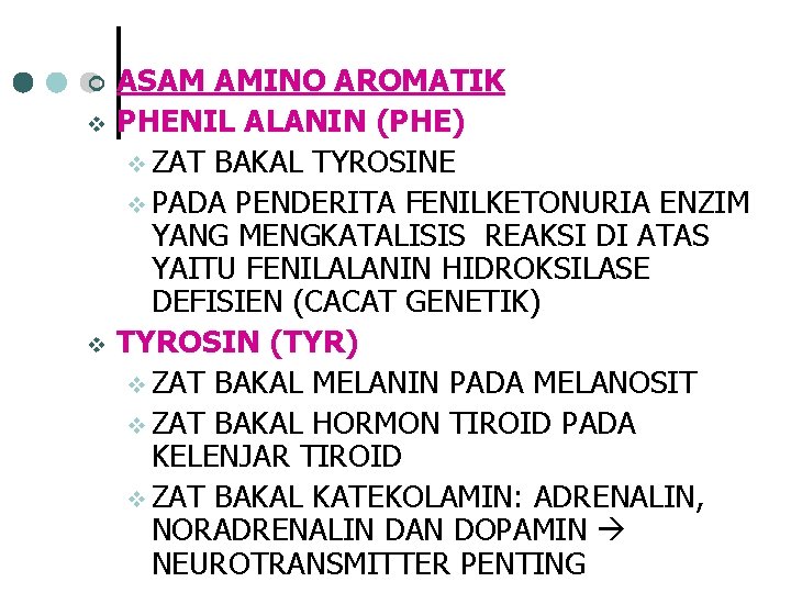 ¢ v v ASAM AMINO AROMATIK PHENIL ALANIN (PHE) v ZAT BAKAL TYROSINE v