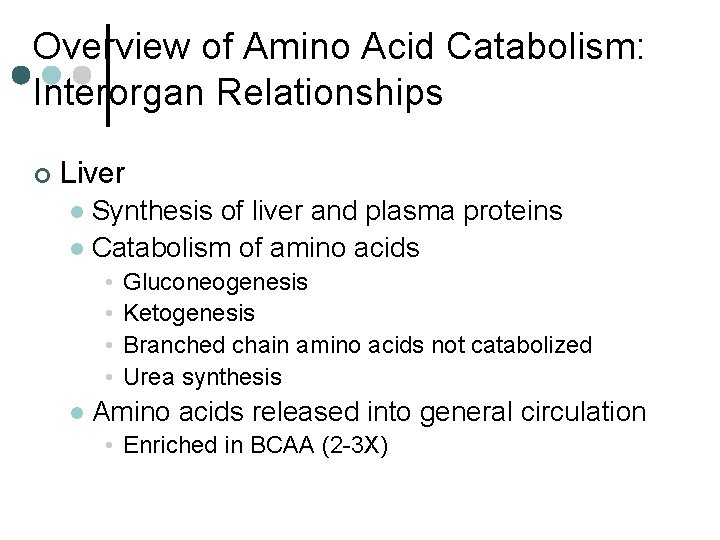 Overview of Amino Acid Catabolism: Interorgan Relationships ¢ Liver Synthesis of liver and plasma