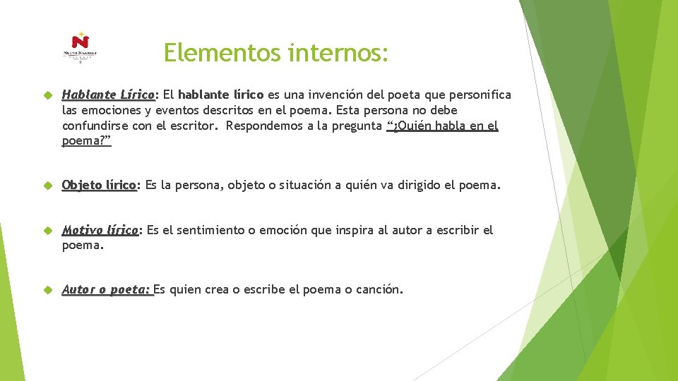 Elementos internos: Hablante Lírico: Lírico El hablante lírico es una invención del poeta que