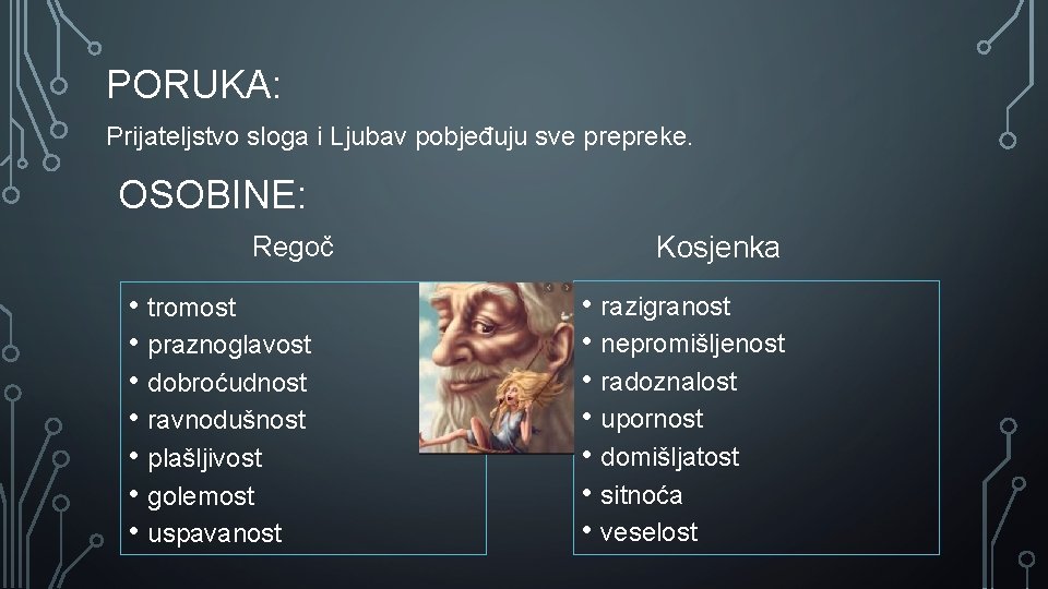 PORUKA: Prijateljstvo sloga i Ljubav pobjeđuju sve prepreke. OSOBINE: Regoč • tromost • praznoglavost