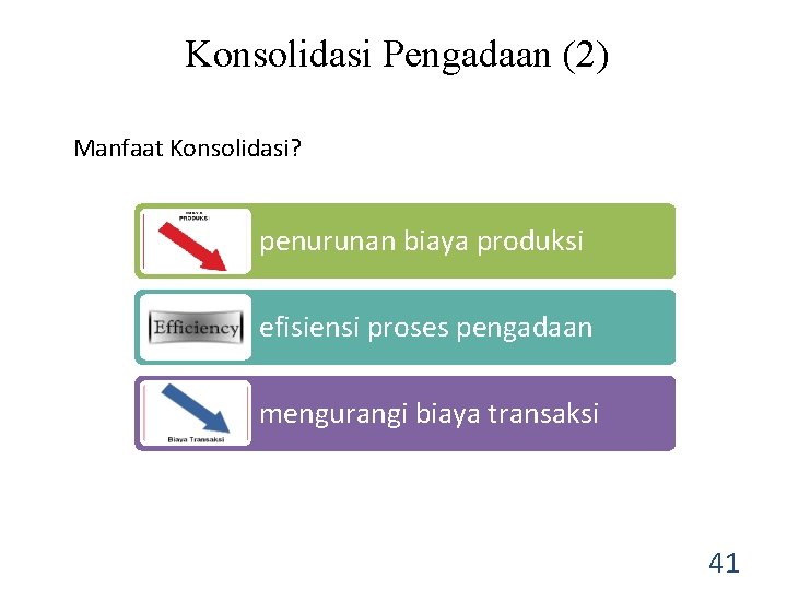 Konsolidasi Pengadaan (2) Manfaat Konsolidasi? penurunan biaya produksi efisiensi proses pengadaan mengurangi biaya transaksi