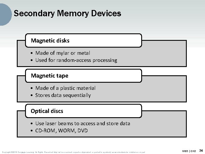 Secondary Memory Devices Magnetic disks • Made of mylar or metal • Used for