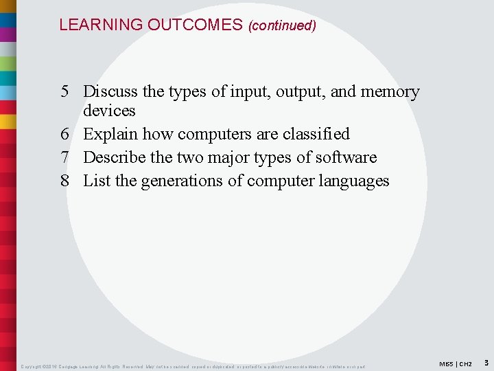 LEARNING OUTCOMES (continued) 5 Discuss the types of input, output, and memory devices 6