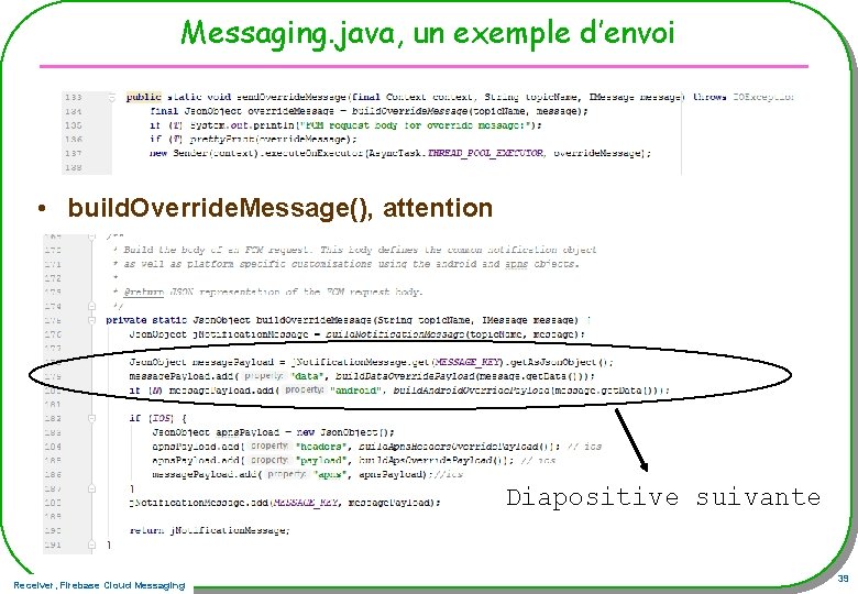 Messaging. java, un exemple d’envoi • build. Override. Message(), attention Diapositive suivante Receiver, Firebase