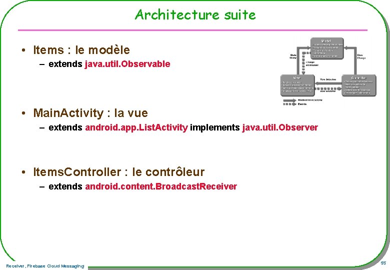 Architecture suite • Items : le modèle – extends java. util. Observable • Main.