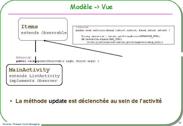 Modèle -> Vue Items extends Observable Main. Activity extends List. Activity implements Observer •