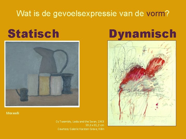 Wat is de gevoelsexpressie van de vorm? Statisch Morandi Cy Twombly, Leda and the