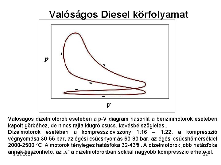 Valóságos Diesel körfolyamat Valóságos dízelmotorok esetében a p-V diagram hasonlít a benzinmotorok esetében kapott