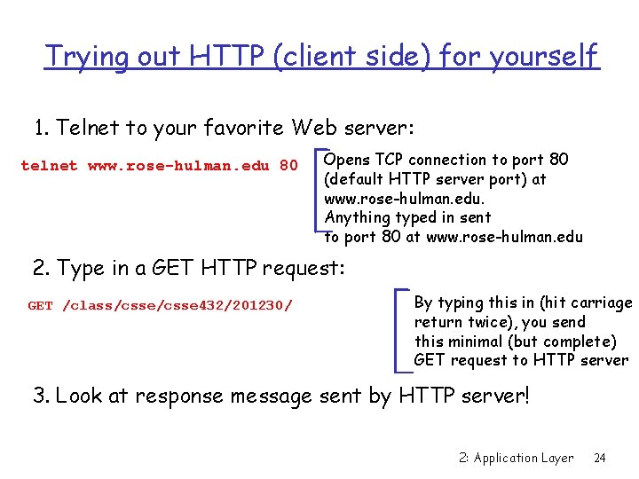 Trying out HTTP (client side) for yourself 1. Telnet to your favorite Web server: