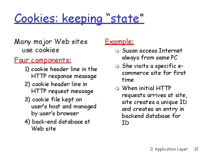 Cookies: keeping “state” Many major Web sites use cookies Four components: 1) cookie header