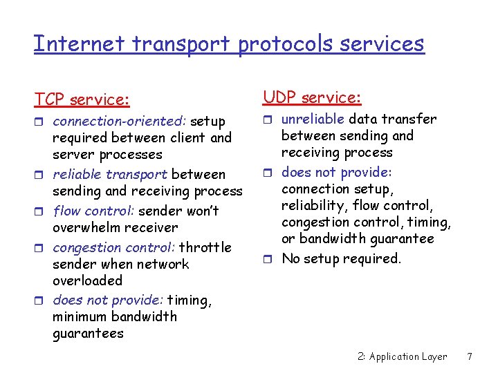 Internet transport protocols services TCP service: r connection-oriented: setup r r required between client