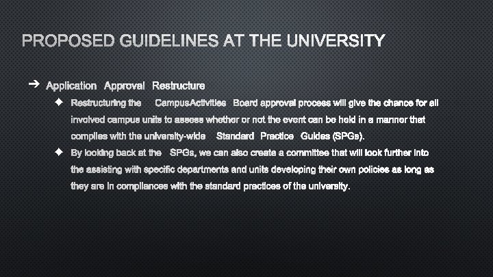 PROPOSED GUIDELINES AT THE UNIVERSITY ➔ APPLICATION APPROVAL RESTRUCTURE ◆ RESTRUCTURING THE CAMPUS ACTIVITIES
