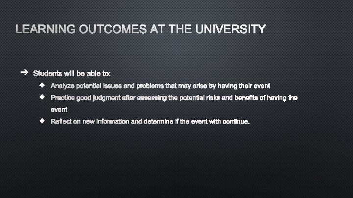LEARNING OUTCOMES AT THE UNIVERSITY ➔ STUDENTS WILL BE ABLE TO: ◆ ANALYZE POTENTIAL