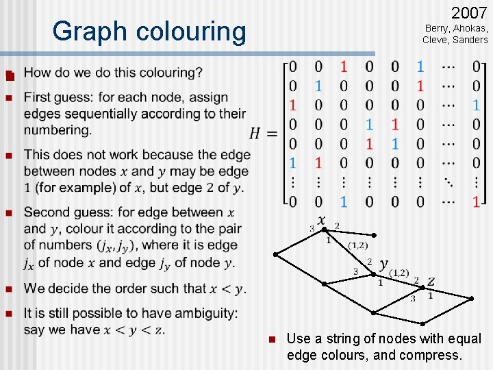 2007 Graph colouring n Berry, Ahokas, Cleve, Sanders n Use a string of nodes