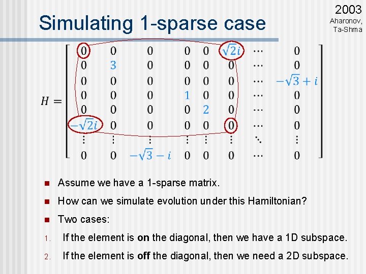 Simulating 1 -sparse case 2003 Aharonov, Ta-Shma n Assume we have a 1 -sparse