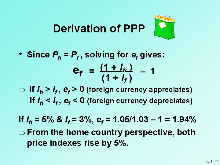 Derivation of PPP • Since Ph = Pf , solving for ef gives: ef