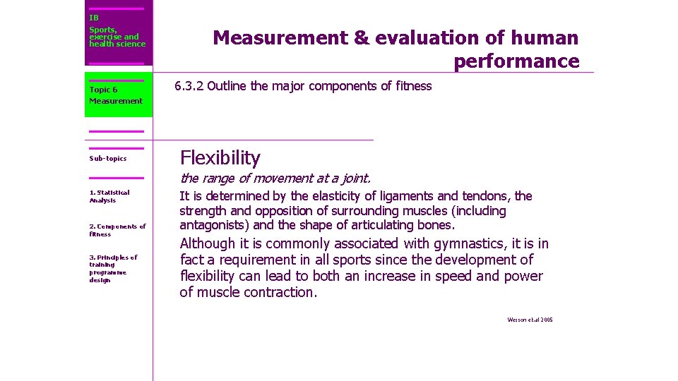 IB Sports, exercise and health science Topic 6 Measurement Sub-topics Measurement & evaluation of