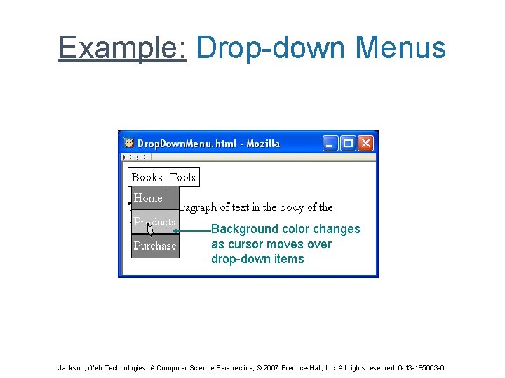 Example: Drop-down Menus Background color changes as cursor moves over drop-down items Jackson, Web
