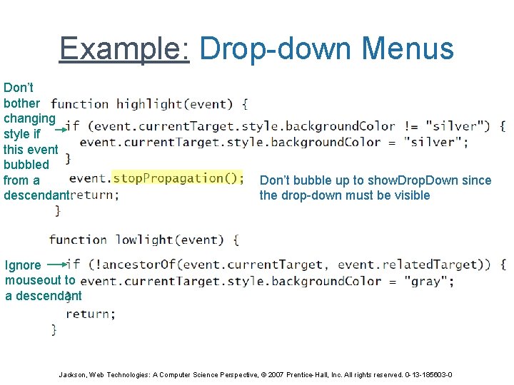 Example: Drop-down Menus Don’t bother changing style if this event bubbled from a descendant.