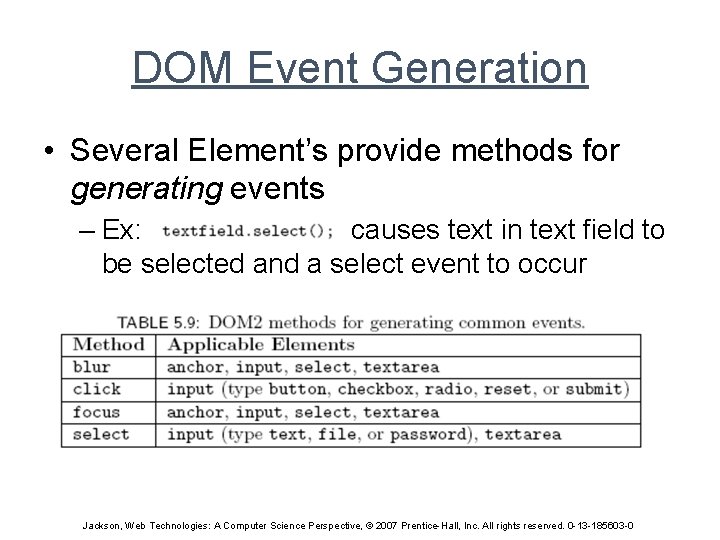 DOM Event Generation • Several Element’s provide methods for generating events – Ex: causes