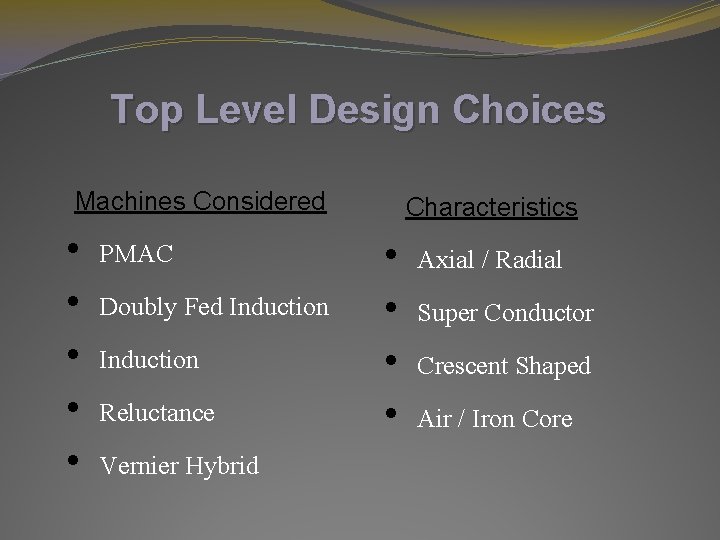 Top Level Design Choices Machines Considered Characteristics • PMAC • Doubly Fed Induction • Top Level Design Choices Machines Considered Characteristics • PMAC • Doubly Fed Induction •