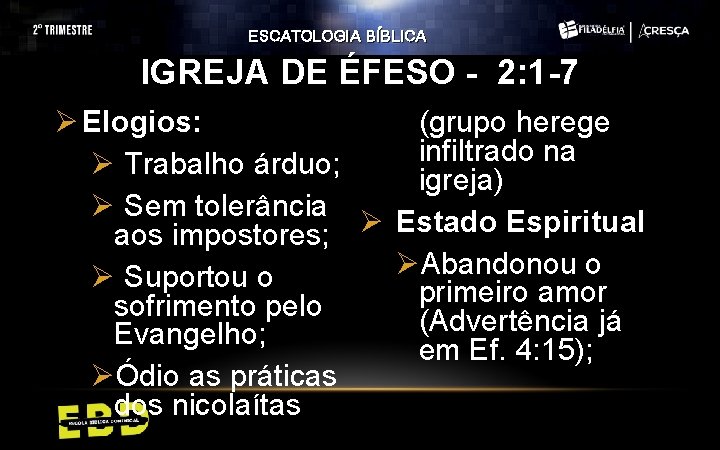 ESCATOLOGIA BÍBLICA IGREJA DE ÉFESO - 2: 1 -7 Ø Elogios: (grupo herege infiltrado