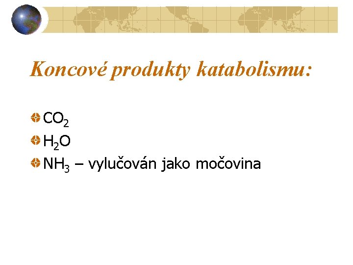 Koncové produkty katabolismu: CO 2 H 2 O NH 3 – vylučován jako močovina