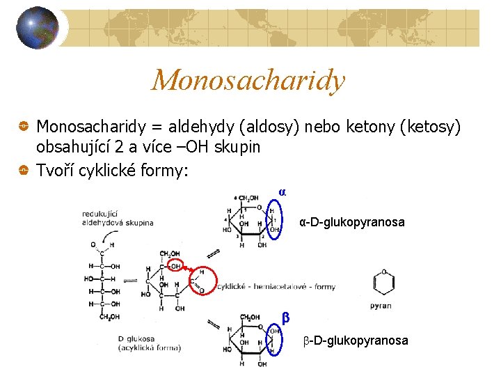 Monosacharidy = aldehydy (aldosy) nebo ketony (ketosy) obsahující 2 a více –OH skupin Tvoří