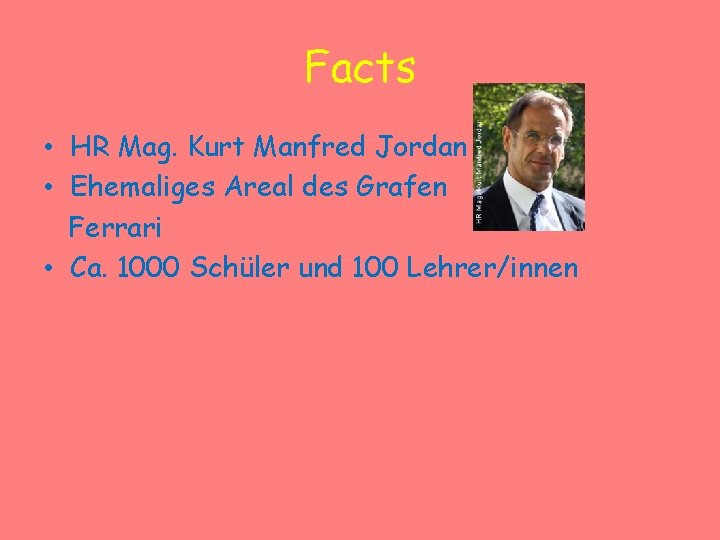 Facts • HR Mag. Kurt Manfred Jordan • Ehemaliges Areal des Grafen Ferrari •