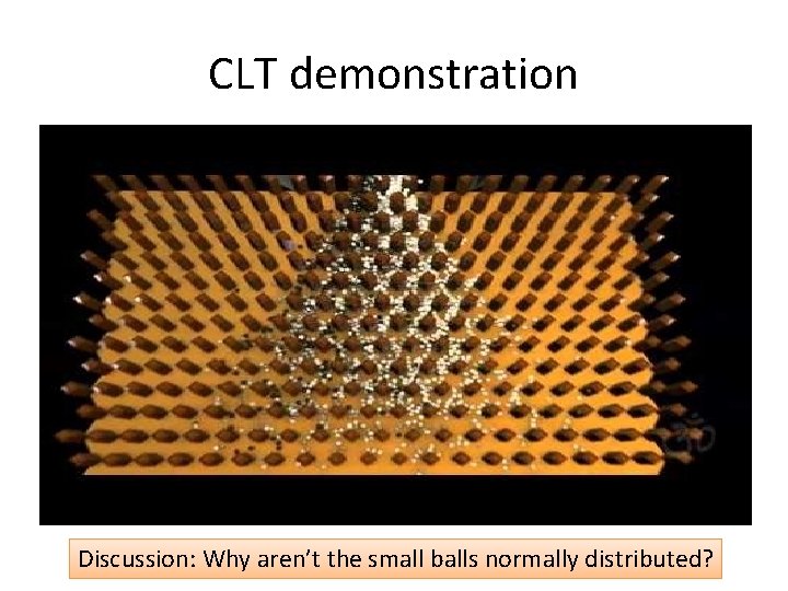 CLT demonstration Discussion: Why aren’t the small balls normally distributed? 