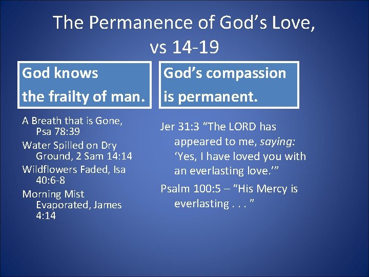 The Permanence of God’s Love, vs 14 -19 God knows the frailty of man.