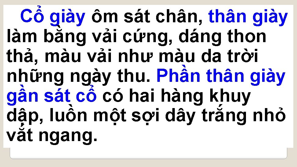 Cổ giày ôm sát chân, thân giày làm bằng vải cứng, dáng thon thả,