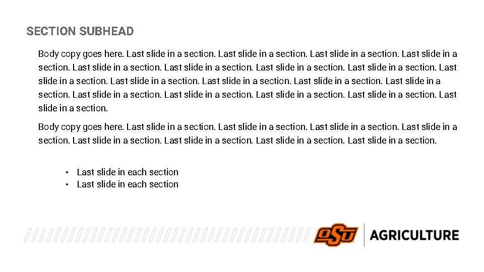 SECTION SUBHEAD Body copy goes here. Last slide in a section. Last slide in