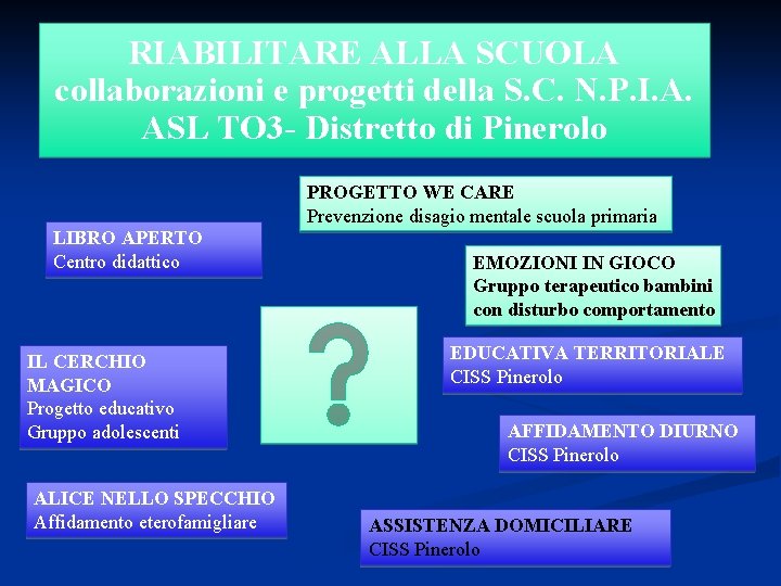 RIABILITARE ALLA SCUOLA Caratteristiche della collaborazioni e progetti della S. C. rete N. P.