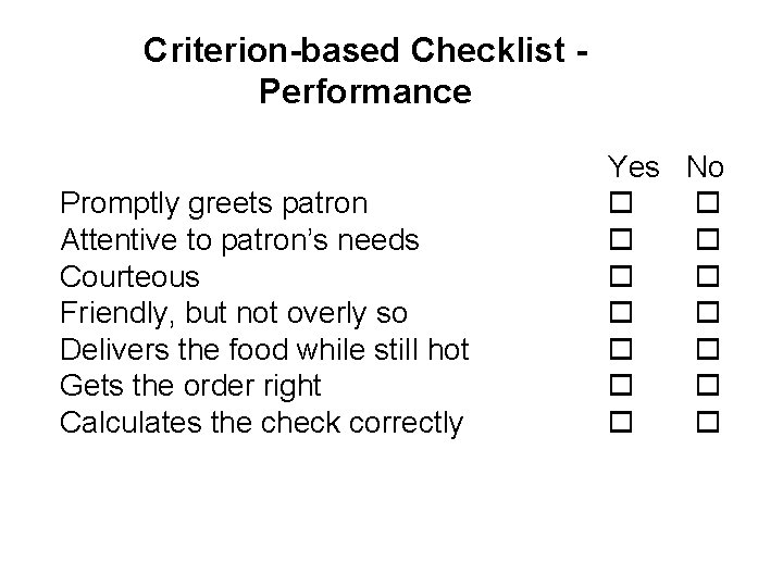 Criterion-based Checklist Performance Promptly greets patron Attentive to patron’s needs Courteous Friendly, but not Criterion-based Checklist Performance Promptly greets patron Attentive to patron’s needs Courteous Friendly, but not