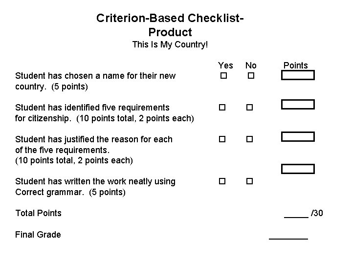 Criterion-Based Checklist. Product This Is My Country! Yes No Points Student has chosen a