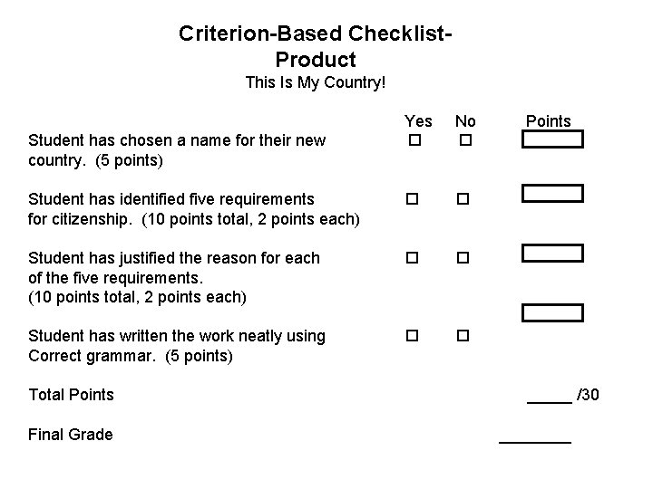 Criterion-Based Checklist. Product This Is My Country! Yes No Points Student has chosen a Criterion-Based Checklist. Product This Is My Country! Yes No Points Student has chosen a