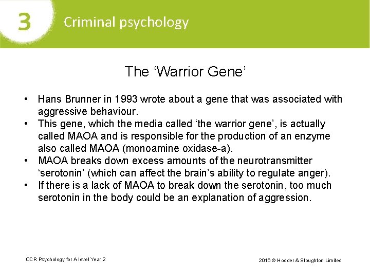 Criminal psychology The ‘Warrior Gene’ • Hans Brunner in 1993 wrote about a gene